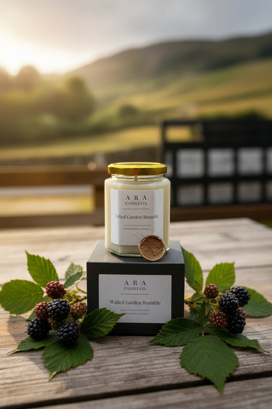 Ara candle co walled garden bramble picture with brambles on oak table in scottish borders backdrop