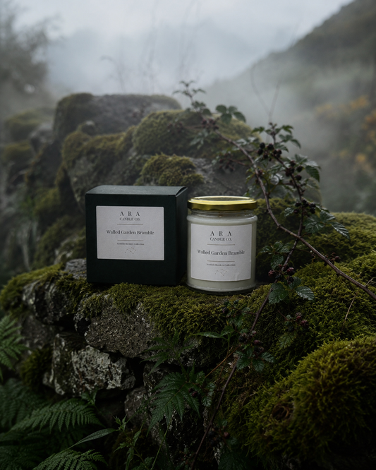 A jar candle and its black box from ARA Candle Co. are placed on a mossy stone wall outdoors, with misty mountains and ferns in the background.