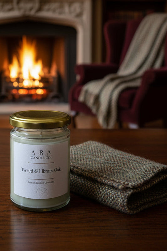 A glass jar candle with a white label reading 'ARA CANDLE CO. Tweed & Library Oak' and a metallic gold lid, photographed on a wooden surface with other blurred candles in the background.