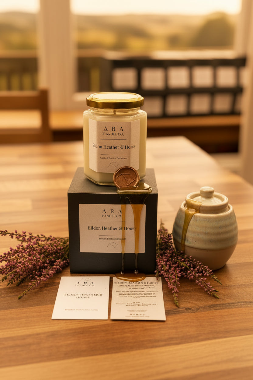 A jar candle from ARA Candle Co. labeled 'Eildon Heather & Honey,' displayed on top of a black presentation box with two printed cards in front, set on a wooden tabletop.
