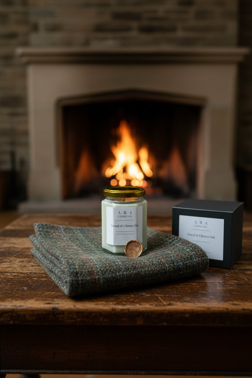 A glass jar candle with a gold lid and a white label reading 'ARA CANDLE CO. Tweed & Library Oak' sits on top of its dark gray box, with a round gold wax seal placed in front.