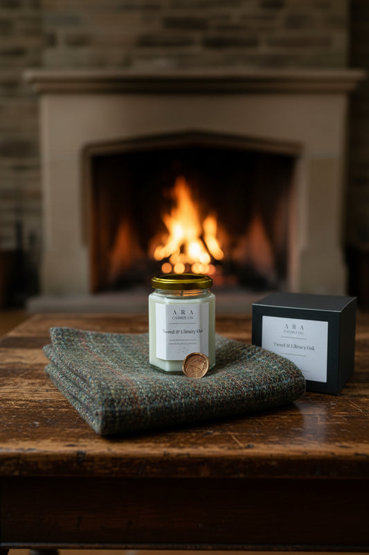 A glass jar candle with a gold lid and a white label reading 'ARA CANDLE CO. Tweed & Library Oak' sits on top of its dark gray box, with a round gold wax seal placed in front.