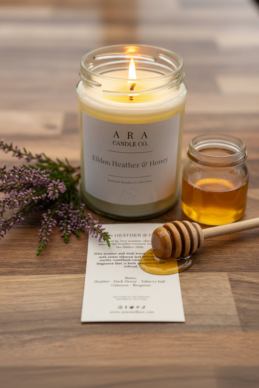 A lit AR A Candle Co. scented candle in a clear glass jar sits on a wooden surface, with a small printed card placed in front.