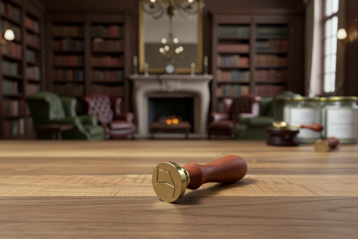 A wax seal stamp with a wooden handle and brass seal face resting on a wooden tabletop, with a wax seal melt pot and blurred glass jars in the background.