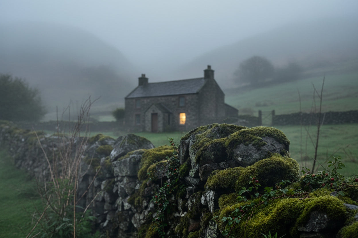 A moody outdoor photograph of a mossy stone wall covered in green ivy, with tall leafy plants in the foreground and misty mountains in the background.