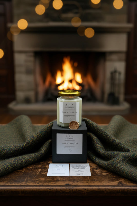 A candle in a clear glass jar with a gold lid sits on a black box on a rustic wooden table, draped with an olive green blanket. In the background, a warm fire burns in a fireplace with soft golden bokeh lights.