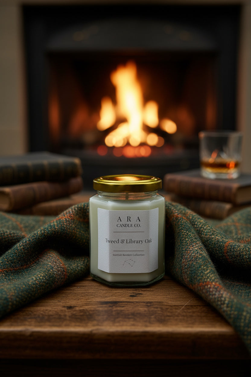 A jar candle labeled 'ARA Candle Co Tweed & Library Oak' sits on a wooden table draped with a green plaid blanket, with a warm fireplace and a glass of whiskey blurred in the background.