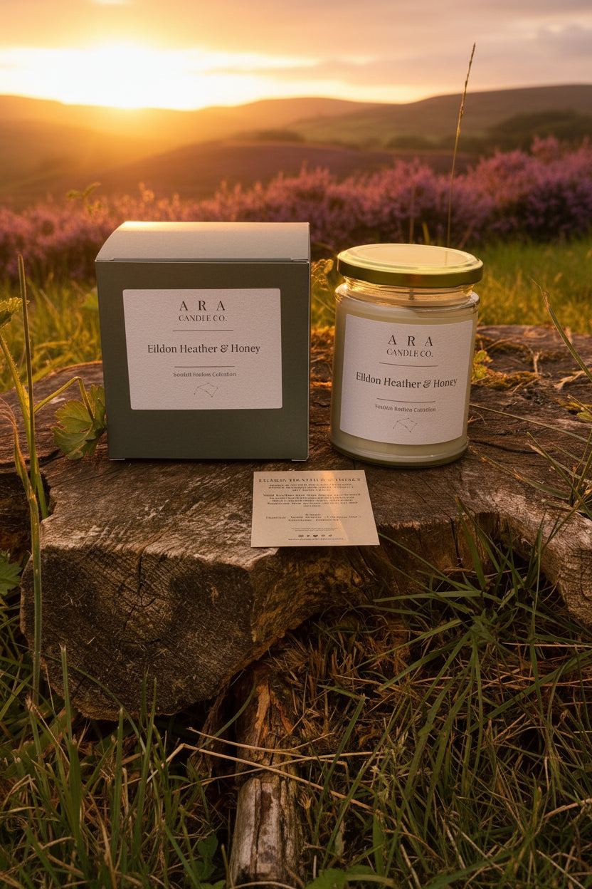 A jar candle and its matching box from ARA Candle Co are displayed on a rustic log outdoors at sunset, with a field of purple heather in the background.
