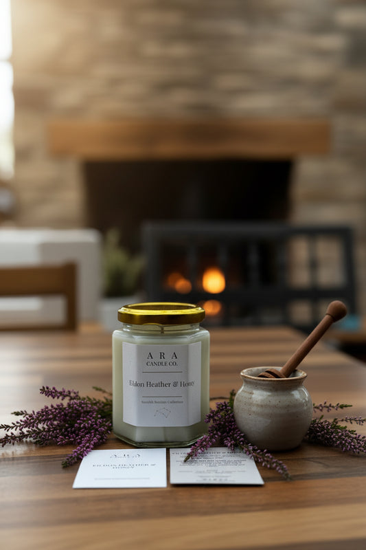 A jar candle from ARA Candle Co. on a wooden table, styled with purple flowers, a small ceramic mortar and pestle, and cards in front of a softly blurred fireplace background.