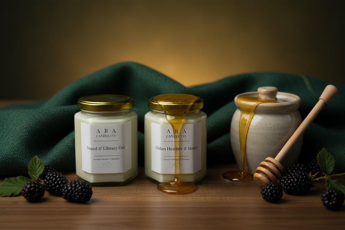 ARA candle co candles with luxury tweed honey and blackberries on an oak table