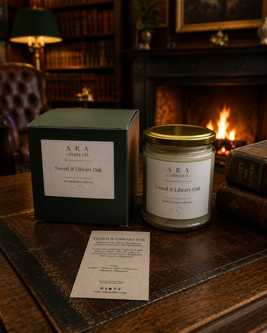 A jar candle and its dark green box from ARA Candle Co are displayed on a wooden table in a cozy, dimly lit library or study setting with a fireplace in the background.